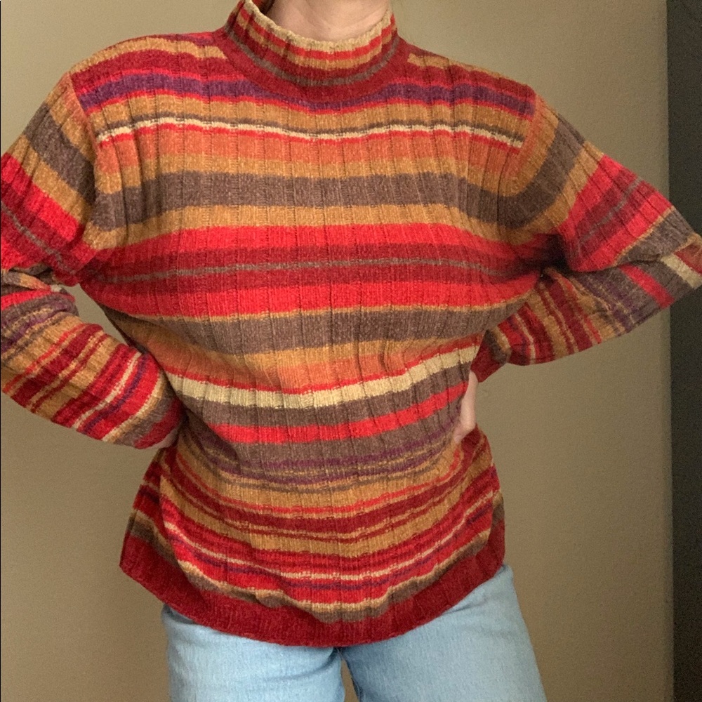 VINTAGE Ribbed Red & Tan Striped Sweater - Picture 3 of 6